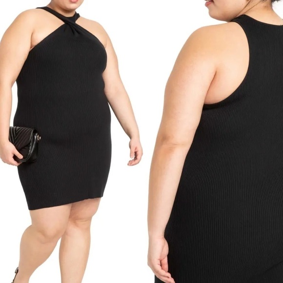 Eloquii Twist Neck Body-Con Dress Ribbed Knit Black Size 18/20 I - Picture 1 of 8
